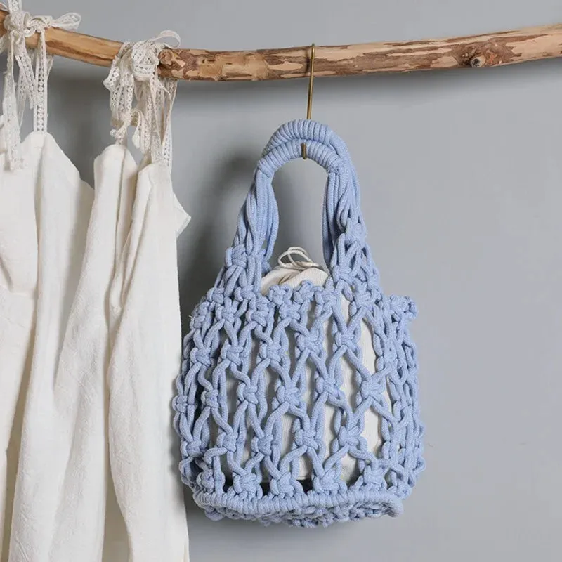 Sohiwoo Ladies Summer Macrame Bucket Bag Clutch Money Phone Purse Handmade Hollow Out Cotton Rope Crochet Bag Small Handbag For Girls