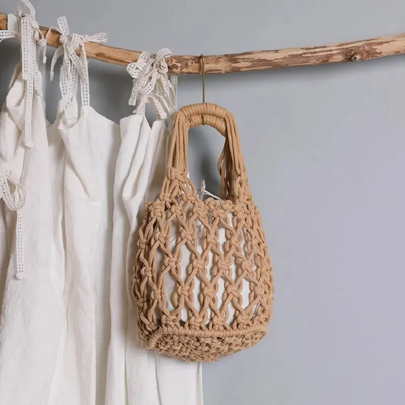 Sohiwoo Ladies Summer Macrame Bucket Bag Clutch Money Phone Purse Handmade Hollow Out Cotton Rope Crochet Bag Small Handbag For Girls
