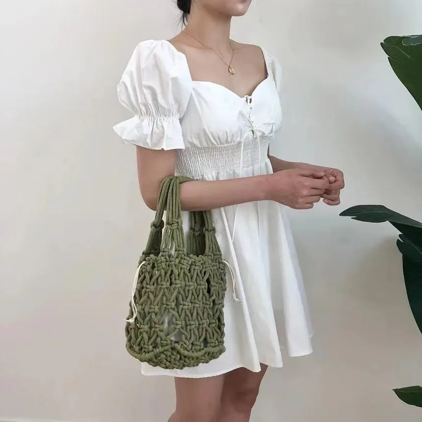 Sohiwoo Ladies Summer Macrame Bucket Bag Clutch Money Phone Purse Handmade Hollow Out Cotton Rope Crochet Bag Small Handbag For Girls