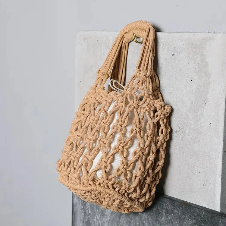 Sohiwoo Ladies Summer Macrame Bucket Bag Clutch Money Phone Purse Handmade Hollow Out Cotton Rope Crochet Bag Small Handbag For Girls