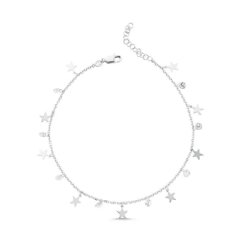 Star Dangle Charm Anklet Clear cz Crystals