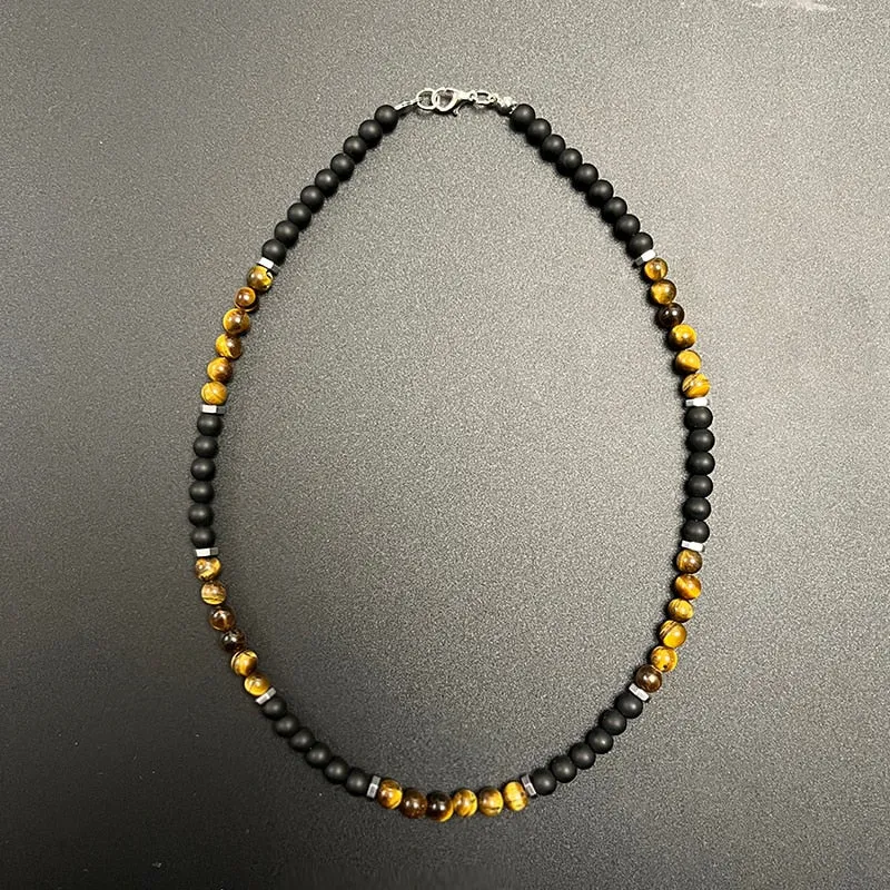 Trendy Simple Black Matte Stone Beads Necklace Men Summer Geometric Surfer Necklace For Men Strand Jewelry Gift For Him