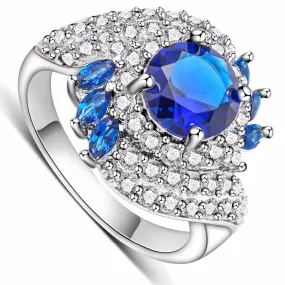 Women's Rings White Gold Plated Fill Inlay Blue Zircon Crystal Jewelry Charms Ring Female Gifts